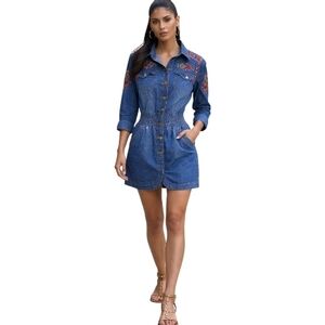 ITOO Denim Shirt Dress Size S Embroidered Western Style Button Front Cotton Blue